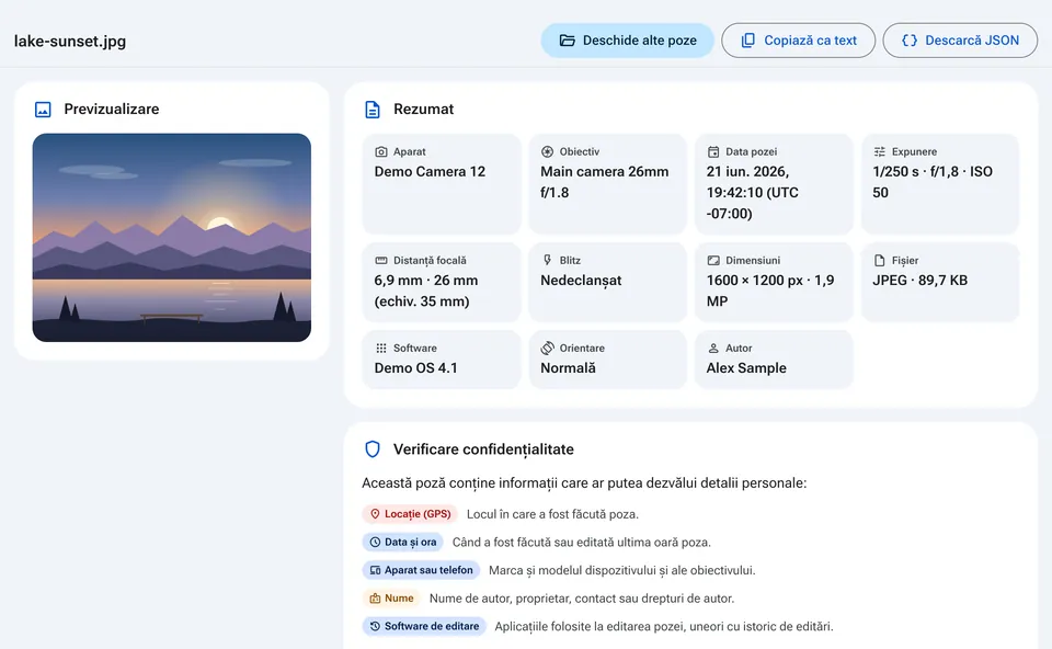 Rezumat EXIF cu aparat, dată și verificare de confidențialitate