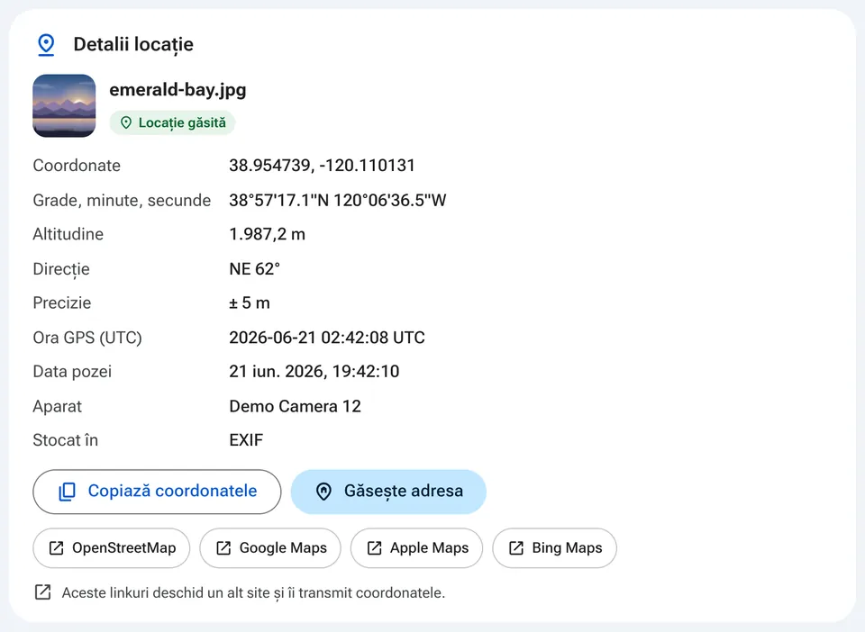 Detalii despre locație, cu linkuri către aplicații de hărți