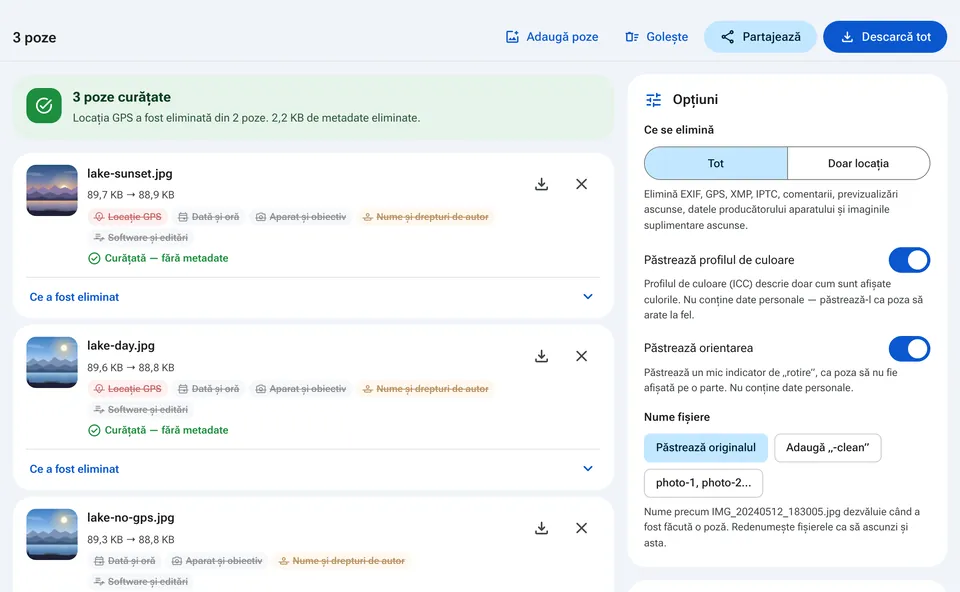 Lista de poze cu metadatele găsite în fiecare