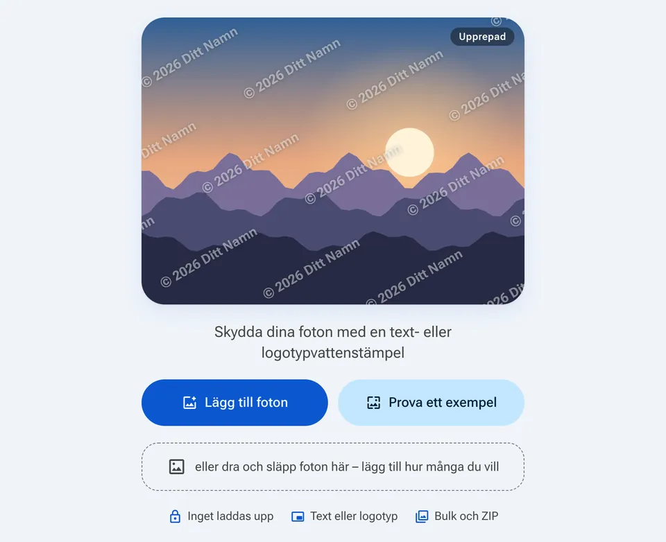 Startskärm för vattenstämpel med knappen Lägg till foton