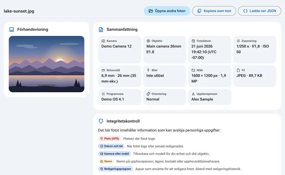 EXIF-sammanfattning med kamera, datum och integritetskontroll