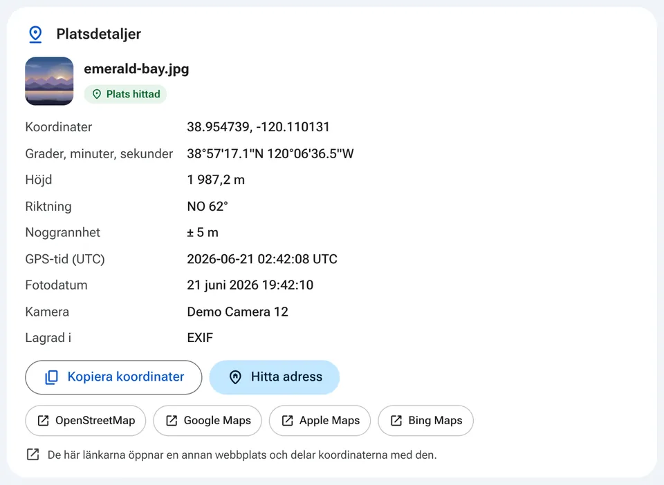 Platsdetaljer med länkar till kartappar