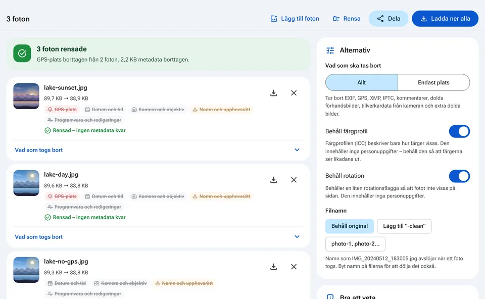 Lista över foton med den metadata som hittats i varje