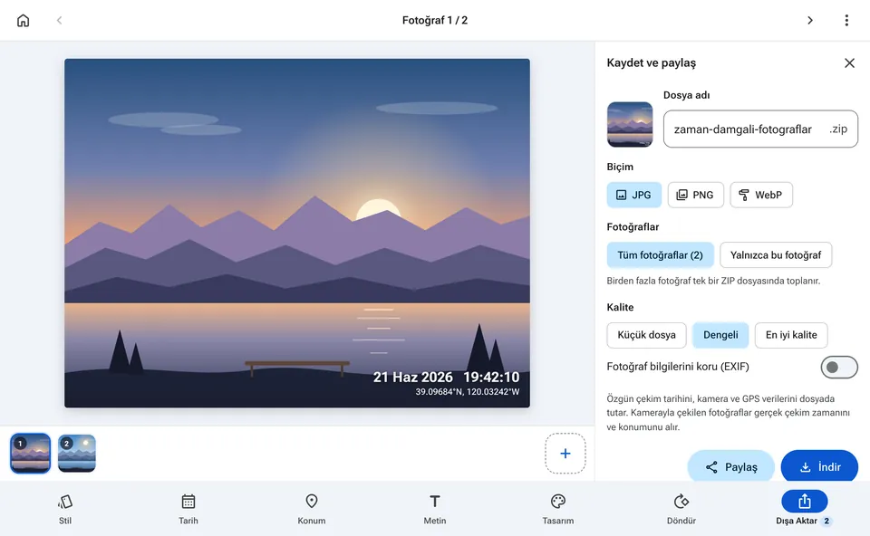 Birden fazla fotoğrafı ZIP dosyası olarak indirmek için dışa aktarma paneli