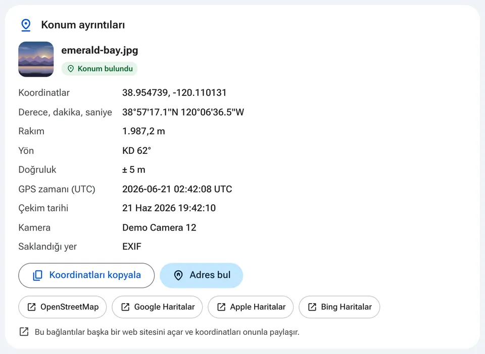 Harita uygulamalarına bağlantılar içeren konum ayrıntıları