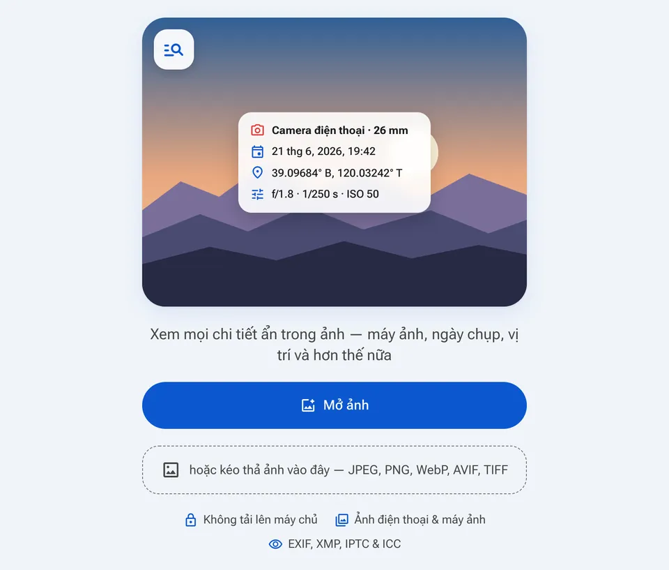 Màn hình bắt đầu của Xem EXIF