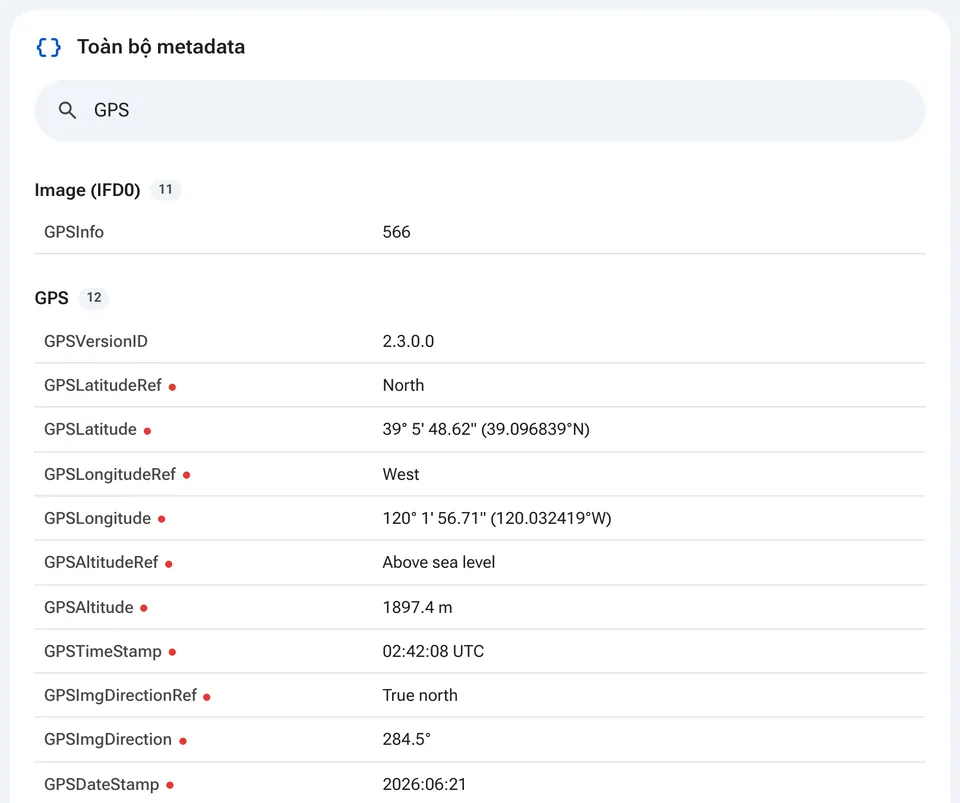 Bảng metadata đầy đủ có ô tìm kiếm
