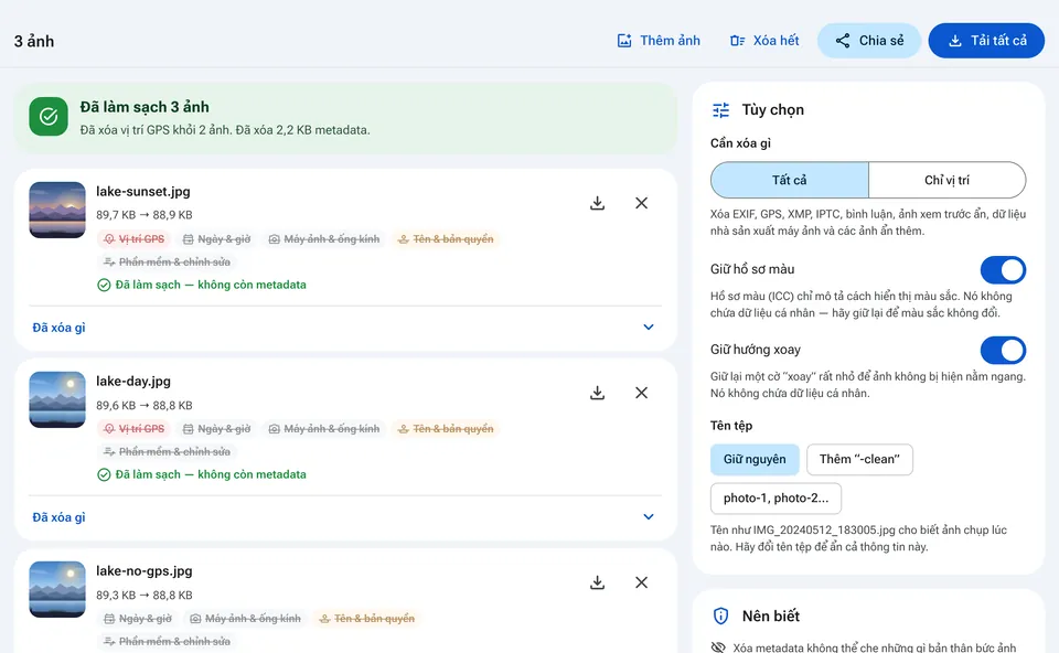 Danh sách ảnh với metadata tìm thấy trong từng ảnh