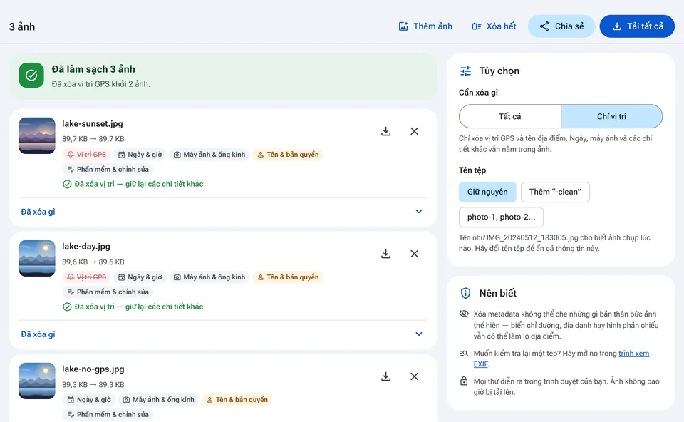 Tùy chọn xóa toàn bộ metadata hoặc chỉ vị trí