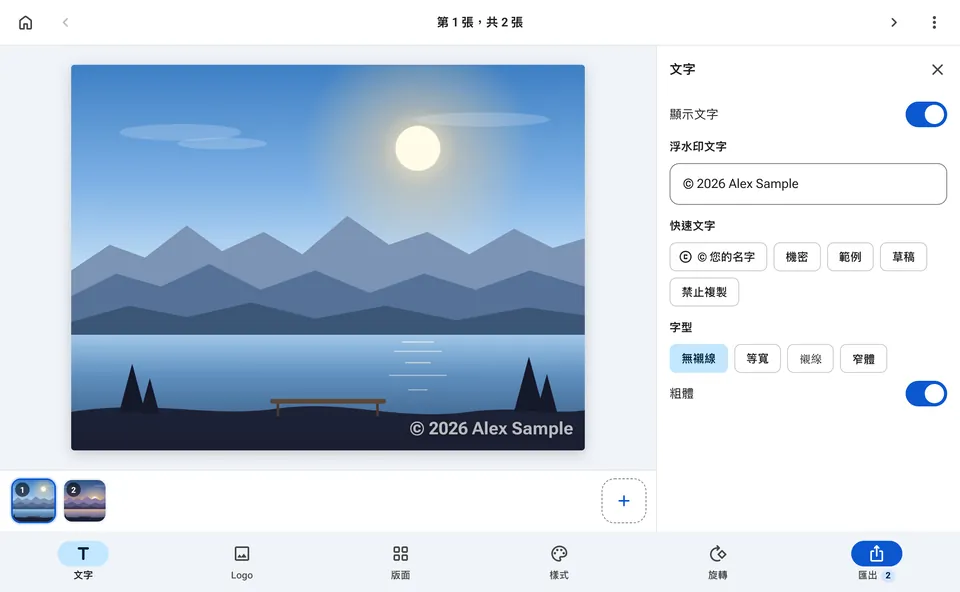 含文字選項的浮水印編輯器